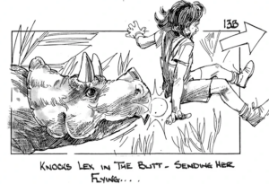 Un storyboard illustrant la séquence abandonnée de Jurassic World.