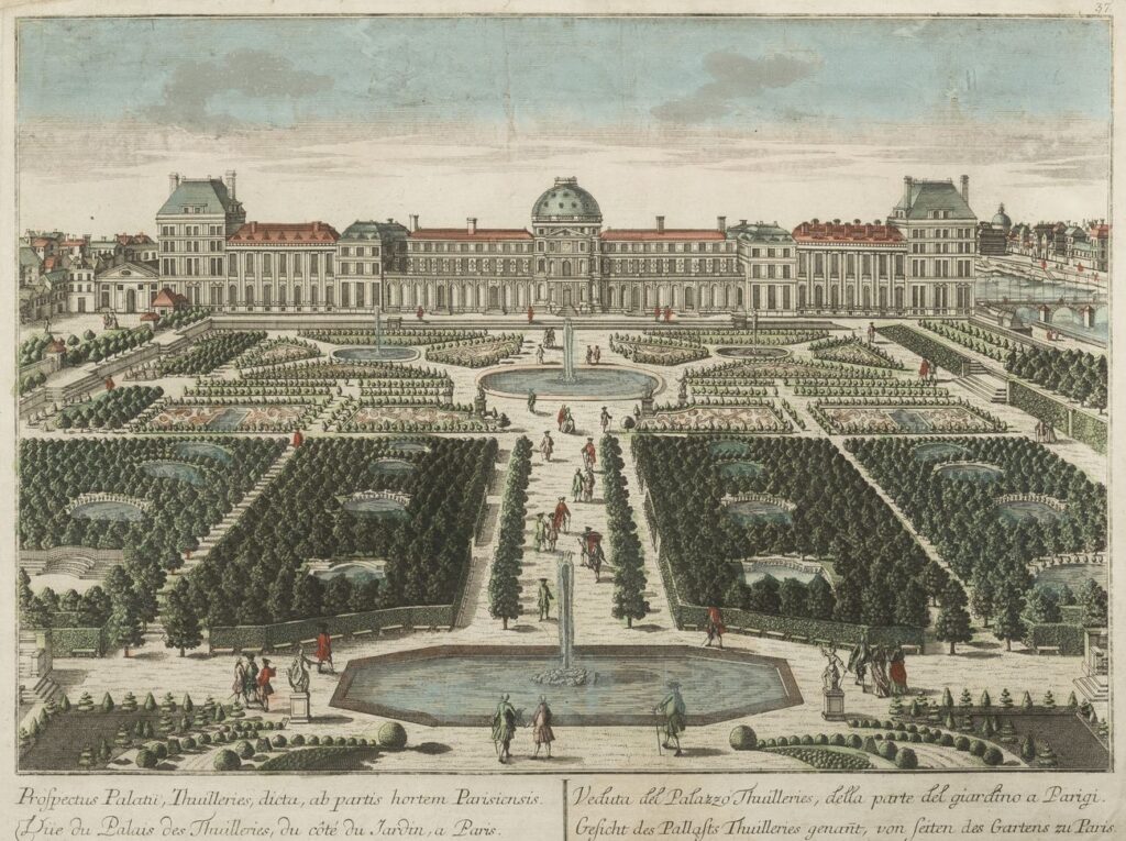 représentation du palais des tuileries depuis le jardin, le théâtre se trouvait dans l'aile gauche de notre point de vue 