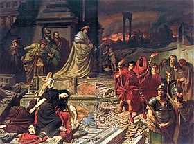 Représentation du grand incendie de Rome, d'après un tableau de Karl Theodor von Piloty, vers 1861.