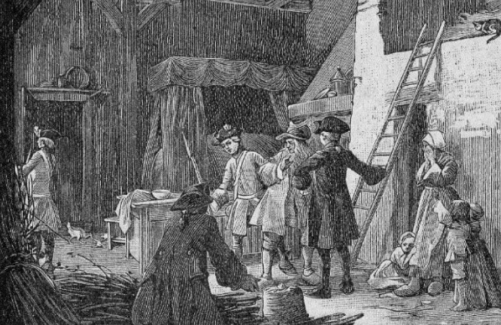 Des commis cherchent du sel de contrebande dans une maison, sous Louis XV