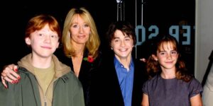 Rupert Grint, JK Rowling, Daniel Radcliffe et Emma Watson