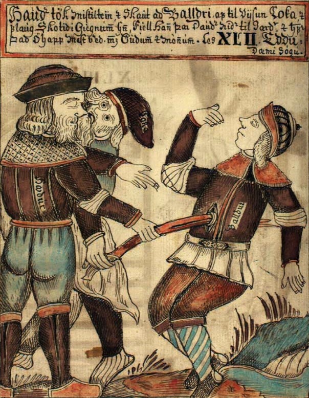Représentation de Loki incitant Höd à tuer Baldr dans le manuscrit islandais du XVIIIe siècle - Cultea