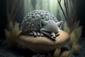 Un bébé renard gris champignon en train de dormir - ©️ Cultea/Midjourney