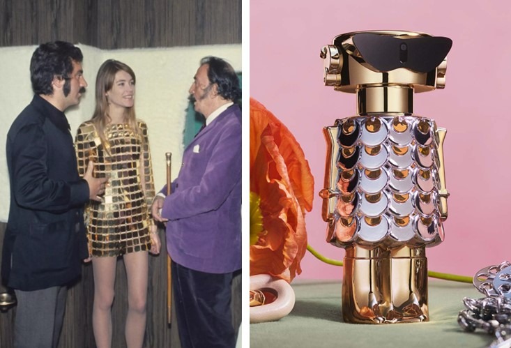 Françoise Hardy portant l'iconique robe Paco Rabanne, entourée de Paco Rabanne et de Salvador Dali |    Le nouveau parfum de la maison Paco Rabanne, Fame - Cultea