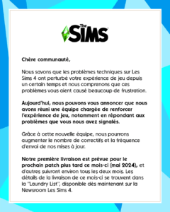 Le communiqué de l'équipe du jeu Les Sims 4 via le compte Les Sims sur X